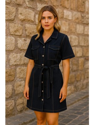 Kadın Büyük Beden Siyah, Yıkamalı Denim Kumaş, Çift Çepli, Kısa Kol Kot Elbise 65N39155