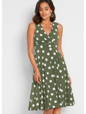 Kadın Büyük Beden Haki, Puan Desenli Anvelop Arka Bel Lastik Detaylı Elbise 65N19620