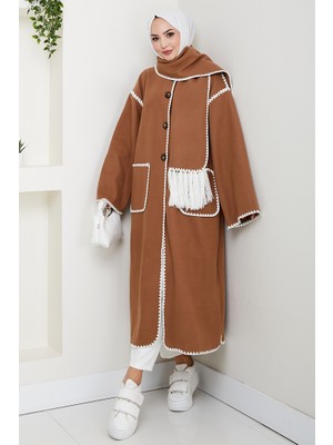 Arlin Atkılı Kaşe Uzun Ceket 1591 - Açık Kahve