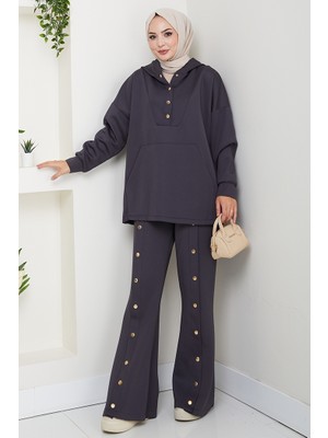 Kapüşonlu Düğme Detaylı Scuba Takım 1592 - Antrasit