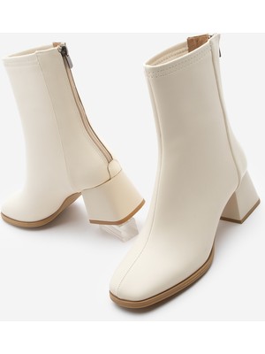 Marjin Kadın Topuklu Bot Küt Burun Arkadan Fermuarlı Nayis Ekru
