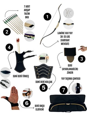Geleneksel Okçuluk Lamine 'vav' Set- Vav Yay + 7 Ok + Zihgir + Tirkeş + Kolçak + Eldiven + Çanta