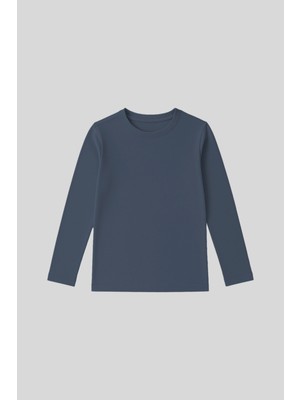 Koyu Mavi O Yaka Standart Fit Basic Uzun Kollu Unisex Çocuk T-Shirt - 11329