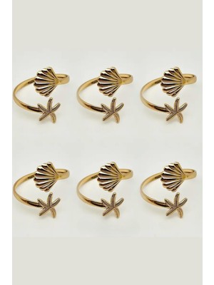 Altın Renk Deniz Yıldızı ve Deniz Kabuğu Tasarımlı Metal Peçete Halkası 6lı Set