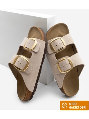 Marjin Kadın Hakiki Deri Günlük Terlik Çift Bantlı Terlik Eva Taban Poli Bej