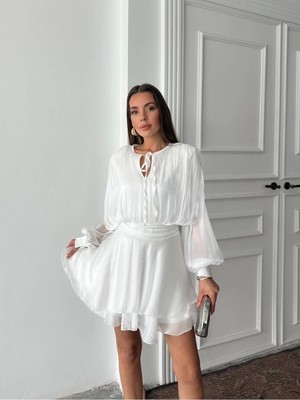 Vatkalı Jakarlı Tül Mini Elbise