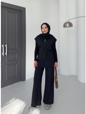 Kadın Siyah Yelek Pantolon Ikili Takım | %100 Pamuk | Rahat Kesim | Lastikli Bel | 4 Mevsim - Günlük