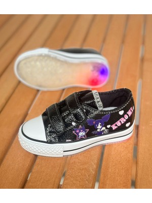 Surpie Shoes Kuromi Kız Çocuk Işıklı Ayakkabı Oval Tabanlı Cırtlı 31-35 Numara Aralığında