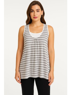 Kadın Büyük Beden Gri, Içi Yarım Atletli, Sırt Detaylı Çizgili Bluz 65N39151