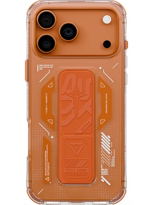 iPhone 17 Pro Kılıf M-Safe Uyumlu Teknoloji Desenli Skinarma Helio Mag Charge Standlı Kapak Turuncu