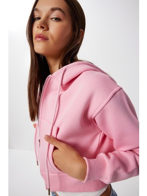 Kapüşonlu Fermuarlı Şardonlu Örme Sweatshirt LPX0004 Pembe