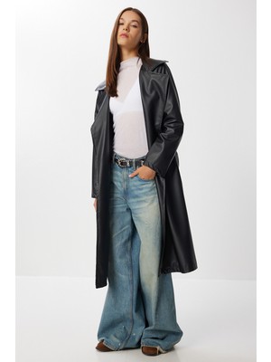 Kuşaklı Suni Deri Trençkot LGP0027 Siyah