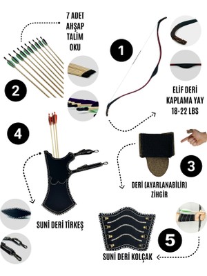 Geleneksel Okçuluk Başlangıç Seti - Elif Yay (Kaplamalı) + 7 Ok + Zihgir + Tirkeş + Kolçak