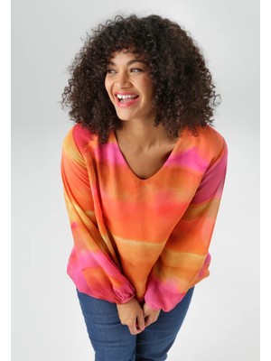 Kadın Büyük Beden Renkli, Kol ve Etek Ucu Lastikli, Batik Desenli Astarlı V Yaka Şifon Bluz 65N39113