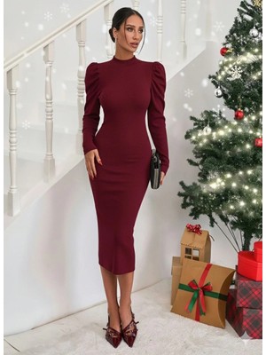 Prenses Kol Kaşkorse Elbise Bordo A3691