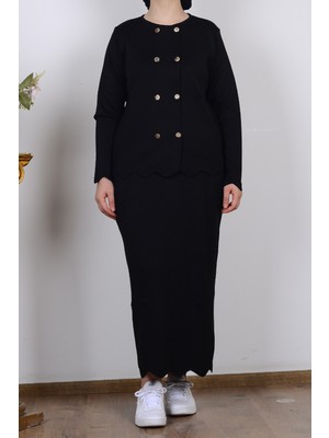 Armine 25YTD6118 Siyah Kadın Düğme Detaylı Bisiklet Yaka Triko Etekli Takım