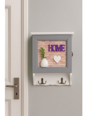Dekoratif Gri Çerçeveli Ahşap Anahtarlık Kutusu – Kapaklı Duvar Tipi Askılık "home" Yazılı BR-6635
