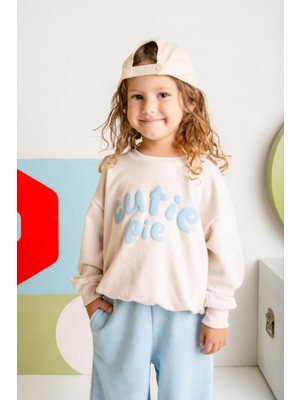 Kız Çocuk Kabartma Baskılı Sweatshirt - Krem
