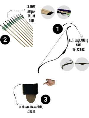 Geleneksel Okçuluk Başlangıç Seti - Elif Yay + 3 Ok + Zihgir