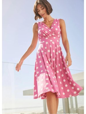 Kadın Büyük Beden Pembe Puan Desenli Anvelop Arka Bel Lastik Detaylı Elbise 65N19620