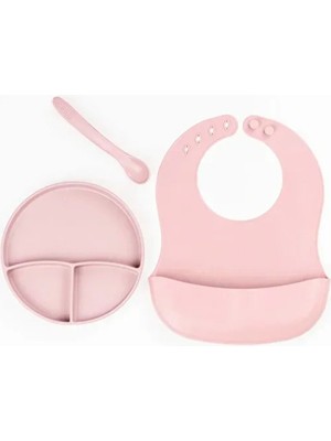 Pembe 3’lü Silikon Yemek Seti – Önlük + Diş Kaşıyıcılı Kaşık + Vakumlu Tabak
