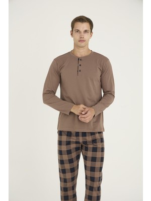 Kly Erkek %100 Pamuklu Düğmeli Yaka Ekose Desen Uzun Kollu Pijama Takım