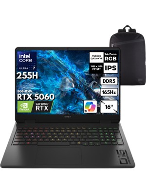 Hp Omen 16-AM0018NT Ultra 7-255H 64-Gbddr5 1 Tbssd RTX5060 (8GB-115W) 16" 165Hz Windows 11 Home + Hmf Sırt Çantası BQ1Z1EAHMF33