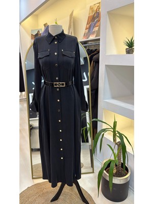 Nuss Kemer ve Citcit Detayli Ipek Elbise 2002 Siyah