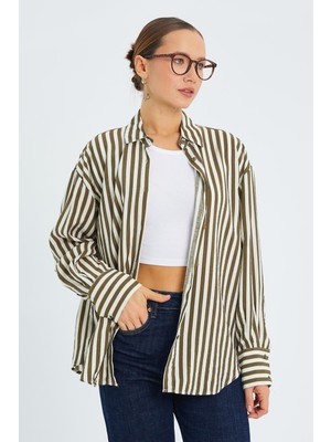 4611 Kadın Apolet Detaylı Çizgili Gömlek Haki