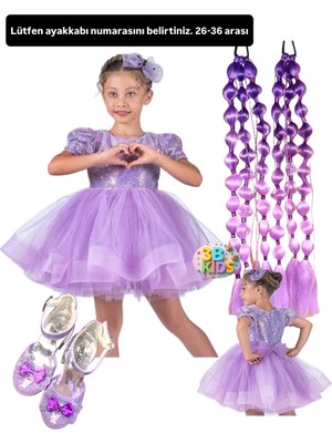 Payetli Mor Elbise Kostüm + Mor Bubble Saç + Mor Topuklu Ayakkabı Seti Kuromi Düğün Parti