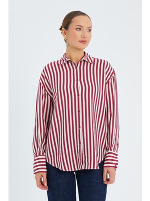 4611 Kadın Apolet Detaylı Çizgili Gömlek Bordo