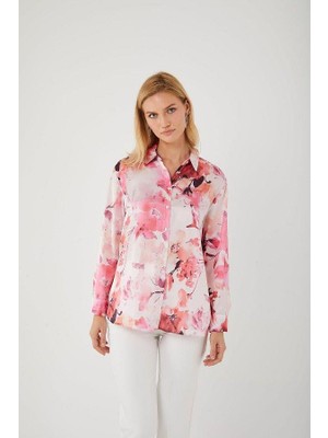 4499 Kadın Çiçek Desenli Saten Gömlek Pembe