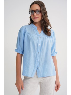 4725 Kadın Büzgü Robalı Kolu Fırfırlı Müslin Gömlek Bebe Mavi