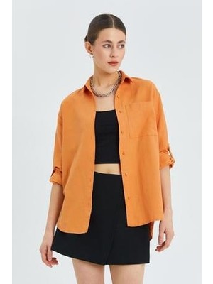 9942 Kadın Oxford Uzun Kol  Basic Gömlek Şeftali