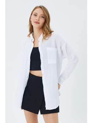 3833 Kadın Oversize Cepli Müslin Gömlek Beyaz