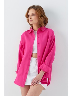4621 Kadın Arkası Pileli Basic Gömlek Fuşya