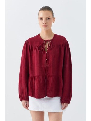 Mixray Kadın Müslin Gömlek Bordo Oversize Fit Düz Renk Günlük Stil Bağlama Detaylı