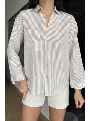 4655 Kadın Apolet Detaylı Ince Çizgili Gömlek Toprak