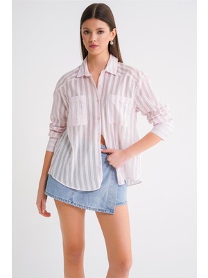 4650 Kadın Robalı Hafif Transparan Çizgili Basic Gömlek Pembe