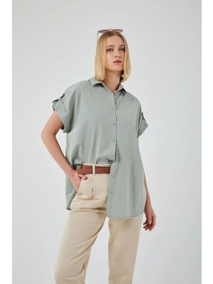 3967 Kadın Apoletli Kısa Kol Oversize Gömlek Çağla