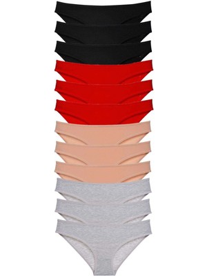 12 Adet Süper Eko Set Likralı Kadın Slip Külot Siyah Kırmızı Ten Gri