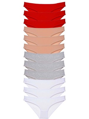 12 Adet Süper Eko Set Likralı Kadın Slip Külot Kırmızı Ten Gri Beyaz