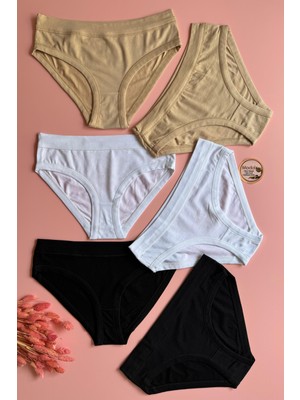 6'lı Siyah, Beyaz ve Ten Renk Ekstra Biyeli Bikini Kadın Külot 51A05