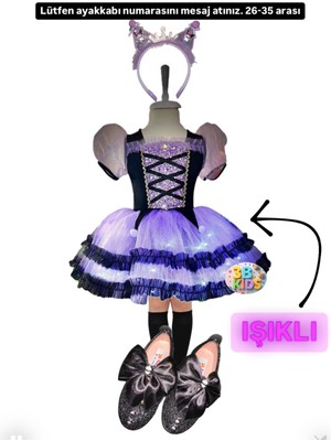 Kuromi Işıklı Elbise Kostüm Kuromi Taç Kuromi Siyah Babet Kuromi Çorap Doğum Günü Parti Seti