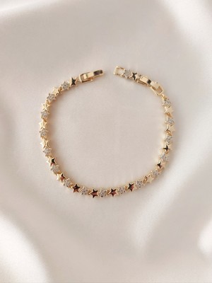 14 Ayar Altın Kaplama Zirkon Taşlı Sıralı Yıldız Model Bileklik