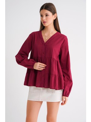 4637 Kadın Katlı V Yaka Yazlık Keten Gömlek Bordo