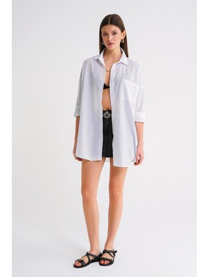 4053 Kadın Tek Cepli Oversize Basic Gömlek Beyaz