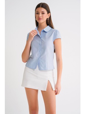 4698 Kadın Ay Kol Fit Pensli Gömlek Bebe Mavi