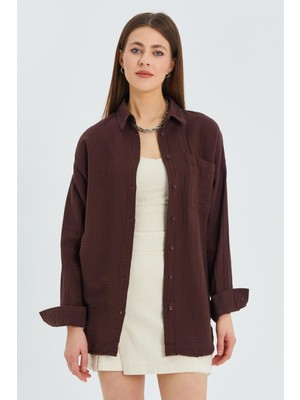 3833 Kadın Oversize Cepli Müslin Gömlek Kahve