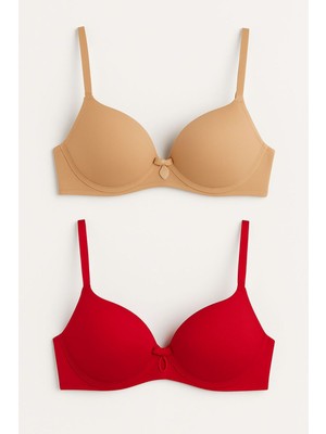 Dolgulu Balenli Fiyonklu Ten Sütyen 2’li Set,kırmızı,ten – Şık ve Rahat